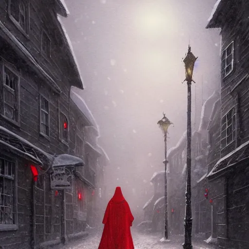 Image similar to girl in red cloak walks through snowy town by lamplight, detailed intricate ink illustration, dark atmosphere, detailed illustration, hd, 4k, digital art, overdetailed art, concept art, by greg rutkowski, by loish, complementing colors, Trending on artstation, deviantart