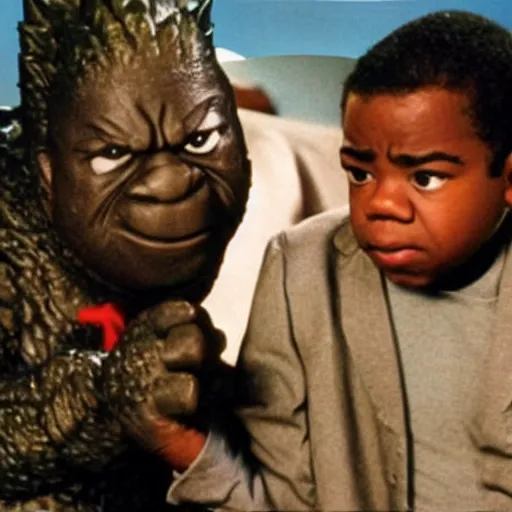 Image similar to “ still from a movie in which gary coleman plays godzilla ”