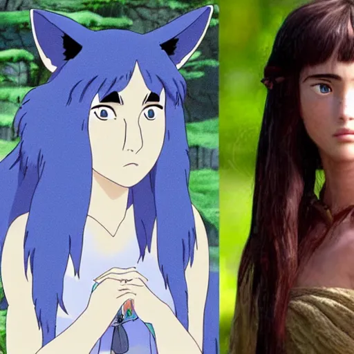 Image similar to side by side comparison : animated princess mononoke by studio ghibli, vs. live action princess mononoke starring megan fox