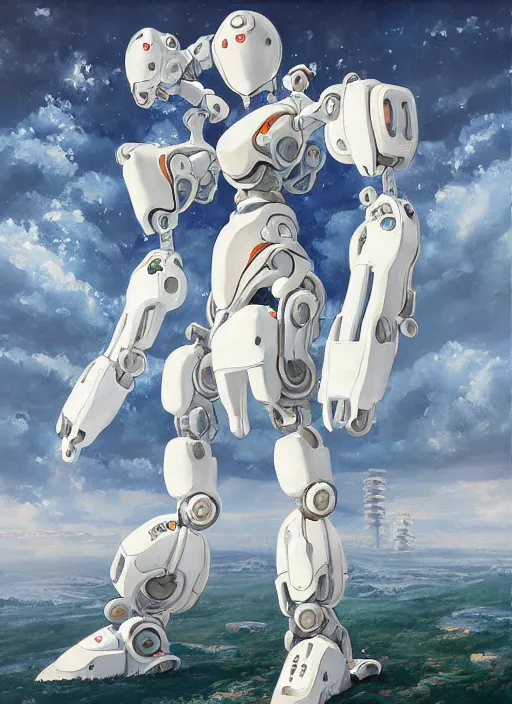 Image similar to an intricate oil painting of a giant pristine white anime humanoid feminine mecha with rounded components by simon stalenhag, inspired by nier : automata, clean white lab background