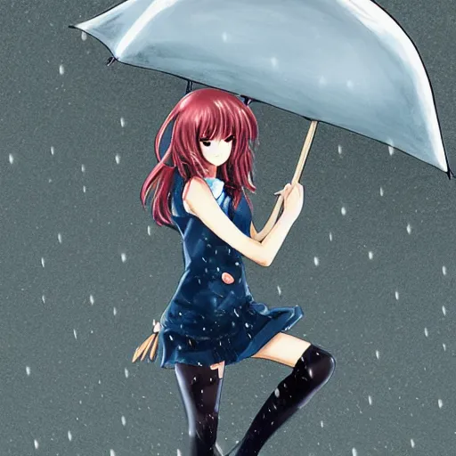 Image similar to anime girl in copron tights, in full growth, beautiful appearance, curly hair, holding an umbrella and it's raining, beautiful figure