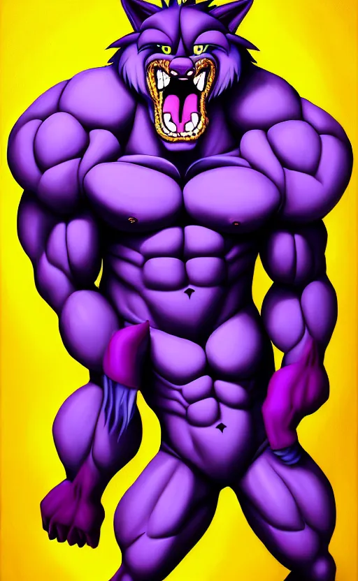 Image similar to painting of an anthropomorphic bulky muscular purple wolf, furry style, wearing jeans, deviant art, fursona, professional furry drawing, insanely detailed, bulky wolf - like face with dragon features, doing a pose from jojo's bizarre adventure, detailed veiny muscles, exaggerated features, beautiful shading, huge teeth, grinning, colorful background