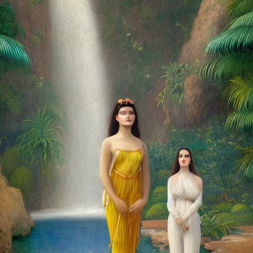 Image similar to a ultradetailed beautiful painting of lorde, frank ocean, the weeknd and lana del rey standing in front of the diamonds waterfall in the amazonas palace balustrade designed by jules bastien - lepage, tarsila do amaral, frank weston and gustave baumann, beach, trending on artstation, mediterranean, palm trees, sharp focus, soft light, 8 k 4 k