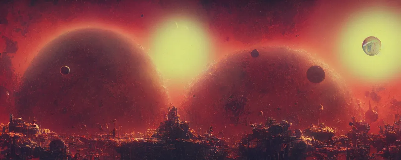 Prompt: ” planet and moons made of blood and rats, [ bubbles, by paul lehr, cinematic, detailed, epic, widescreen, opening, establishing, mattepainting, photorealistic, realistic textures, octane render ] ”