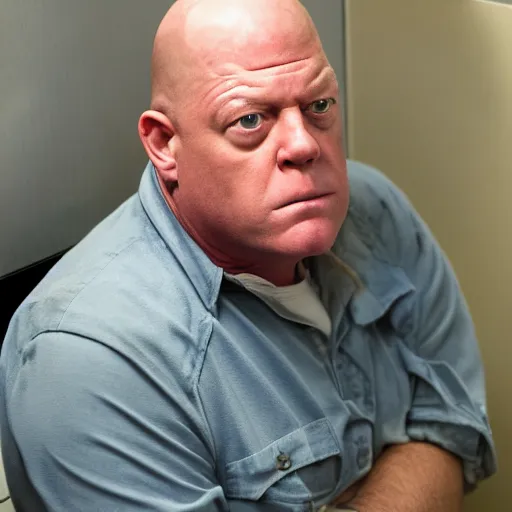 Image similar to a picture of hank schrader with a confused expression sitting on a toilet