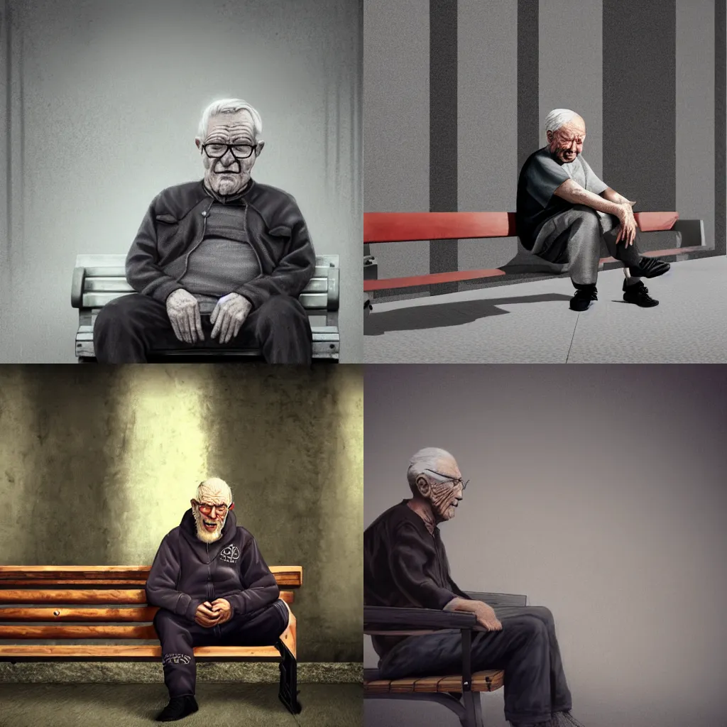 Prompt: Old wrinkled man sitting on a bench with dark academia clothing, hyperrealistic, dynamic lighting, concept art, illustration, realism, trending on art station