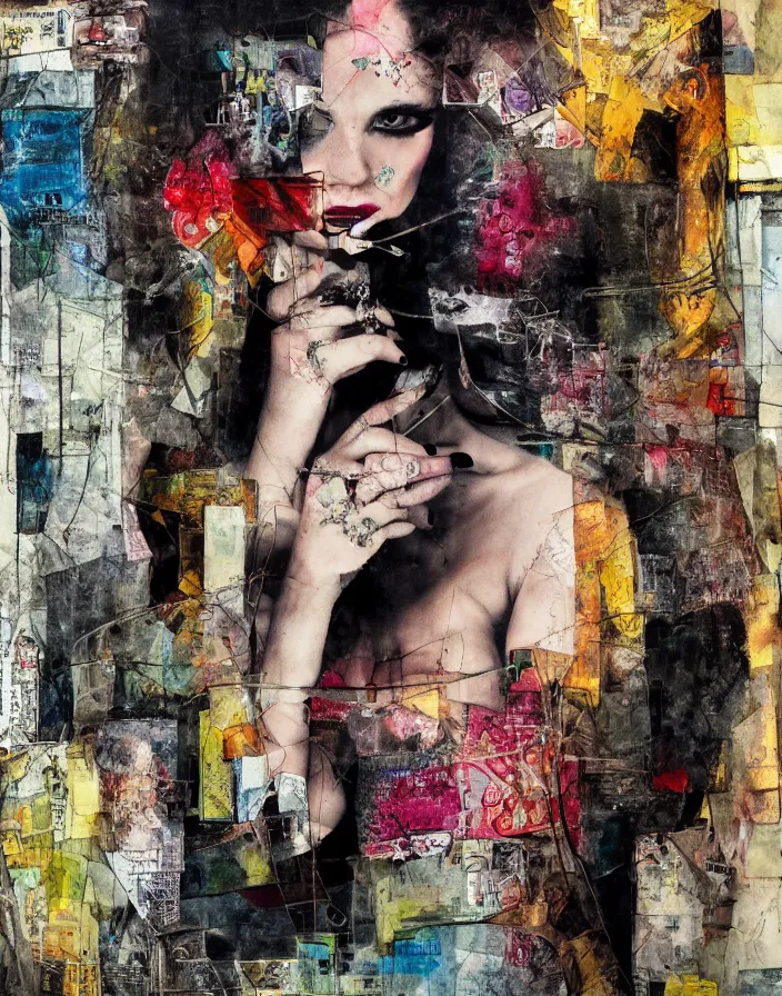 Prompt: femme fatale looking at me embraced detailed chaotic analogue dada collage with deep texture in style of conteporary art, photorealistic, expressionism, masterpiece, balanced composition, wide range of colors, spectacular quality, intricate oil details