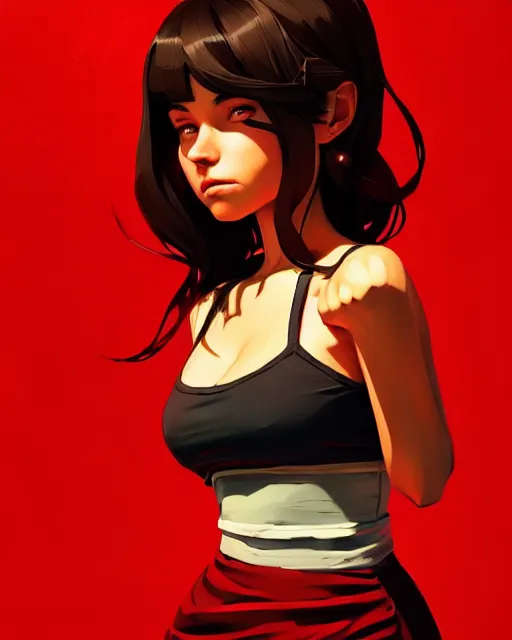 Image similar to portrait of cute girl in a red dress, gta v cover art, borderlands style, celshading, sharp focus, intricate, detailed, by rhads, andreas rocha, rossdraws, makoto shinkai, laurie greasley, lois van baarle, ilya kuvshinov and greg rutkowski, dynamic lighting, sharp focus, grunge aesthetic, 4 k