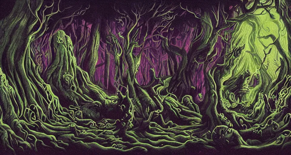 Image similar to Enchanted and magic forest, by H.P. Lovecraft