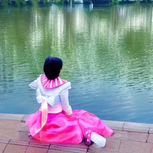 Prompt: Sailor Moon sitting next by the West Lake