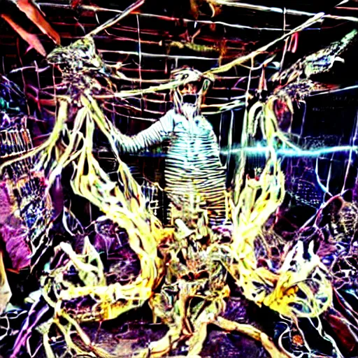 Prompt: cybercore dragon angel pimp demonoid disappearing into a portal covered in wires damnation emerging in the middle of my digusting dirty room, holy ceremony, low quality photo, flikr , creepy, hypermaximalist, trail cam found footage, realistic, , intricate fine detail