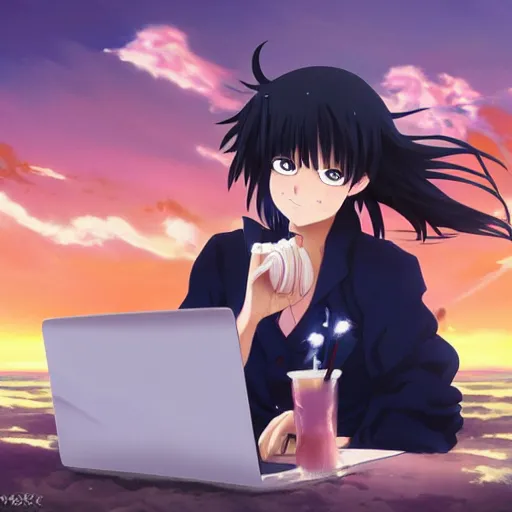 Prompt: anime key visual of a classical oil painting of female copywriter with bangs laying on a beach, working on her laptop, sipping a mai tai, official media from my hero academia, by WLOP