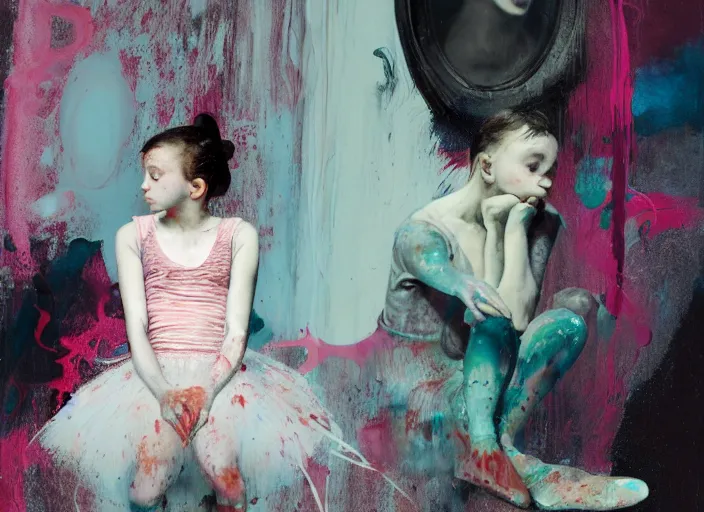 Prompt: portrait of nervous young girl ballerina sitting on the floor focusing in a dance hall by alberto seveso and hernan bas and francis bacon and pat steir and hilma af klint, psychological, photorealistic, symmetrical face, dripping paint, washy brush, matte painting, rendered in octane, altermodern, masterpiece