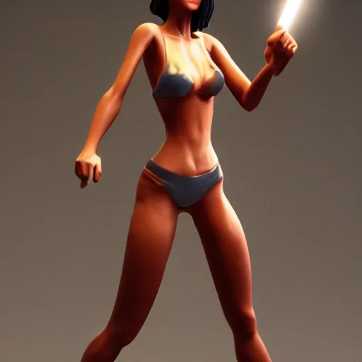 Prompt: highly detailedf figurine, beautiful young woman, slim waist, big bumm, with a sword in her right hand, martial art pose, octane render, bikini, volumetric lights, dramatic, highly detailed, messy, hair