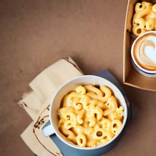 Prompt: realistic photo of a box of mac and cheese with a cup of coffee