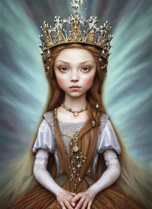 Prompt: highly detailed closeup portrait of a fairytale medieval princess wearing a crown and sitting on a throne, unreal engine, nicoletta ceccoli, mark ryden, earl norem, lostfish, global illumination, god rays, detailed and intricate environment