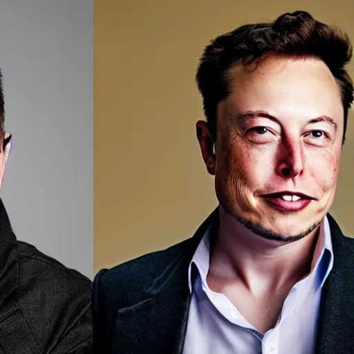 Image similar to A portrait photo of Elon Musk teams up with a teenage Elon Musk, perfect faces, 50 mm, award winning photography