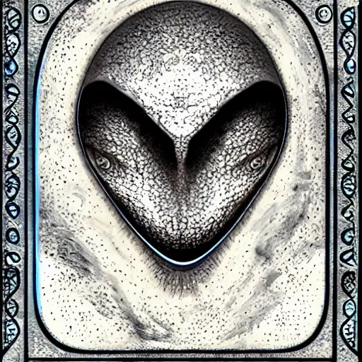 Image similar to a tarot card of an alien face made of water texture, highly detailed symbols as frames of the card