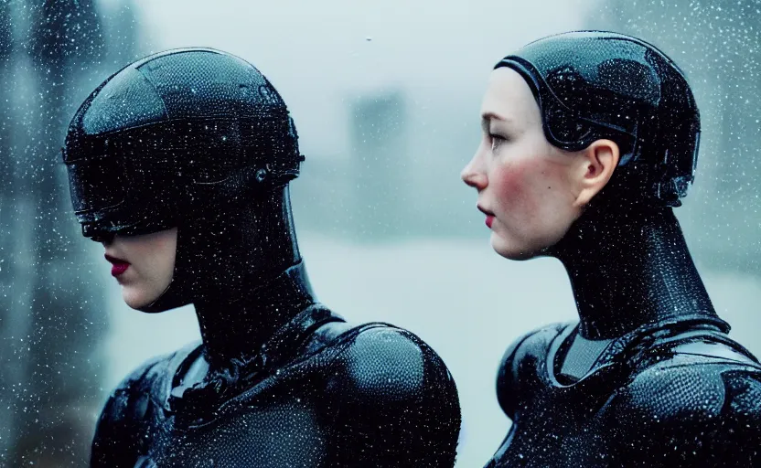 Image similar to cinestill 5 0 d candid action photographic portrait by christopher nolan of two loving female androids wearing rugged black mesh techwear in treacherous waters, extreme closeup, modern cyberpunk retrofuturism moody emotional cinematic, pouring iridescent rain, 8 k, hd, high resolution, 3 5 mm, f / 3 2, motion blur, ultra realistic faces, ex machina