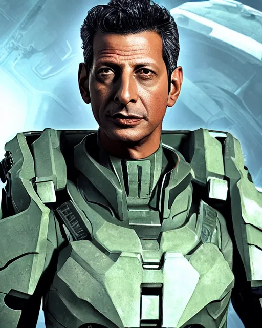 Image similar to jeff goldblum in a halo spartan suit, visible face, medium shot, video game digital art