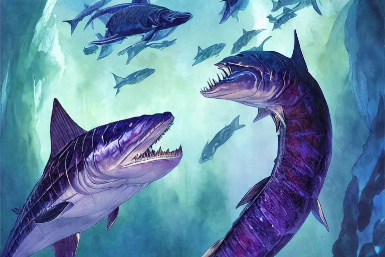 Image similar to an ichthyosaurus swimming among fish in a deep purple and blue ocean of evil intent, water color, art by artgerm and greg rutkowski and alphonse mucha and jin xiaodi and anthony devine