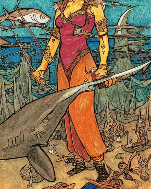 Image similar to a shark skin pirate queen with melee weapons by ivan bilibin