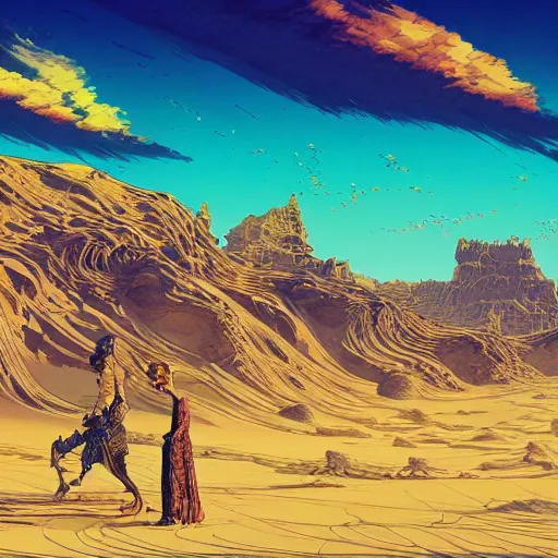 Prompt: vast desert, sand, intricate linework, highly saturated colors, concept art, detailed illustration, hd, 4 k, digital art, bykim jung gi, irakli nadar, greg rutkowski, dan mumford, studio ghibli trending on artstation