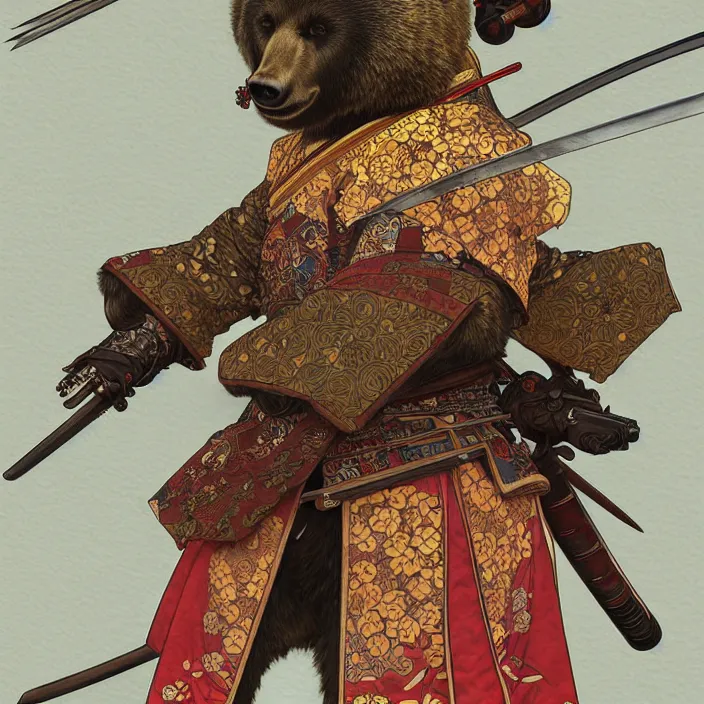 Image similar to anthropomorphic samurai bear, fantasy, intricate, highly detailed, lifelike, photorealistic, digital painting, artstation, illustration, concept art, smooth, sharp focus, art by alphonse mucha and kitagawa utamaro and ogata korin and aya takano