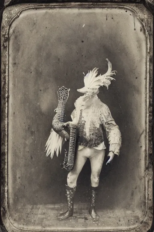 Prompt: a wet plate photo of an anthropomorphic rooster with a lute