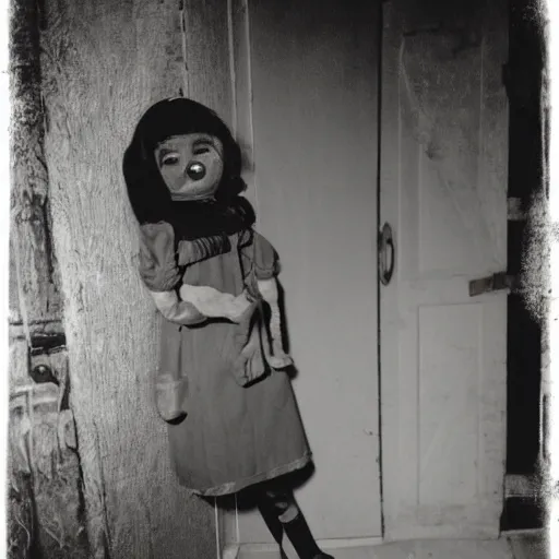 Image similar to creepy vintage doll peeking around corner in darkly lit basement photo by william mortensen