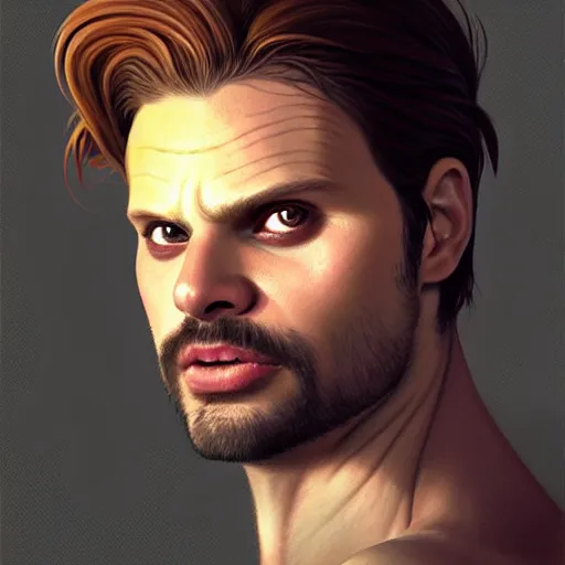 Prompt: flan pudding face sebastian stan as a sentient flan pudding, sebastian stan flan face face spliced with ( ( wibbly wobbly flan pudding facd ) ) ) hybrid humanoid by greg rutkowski