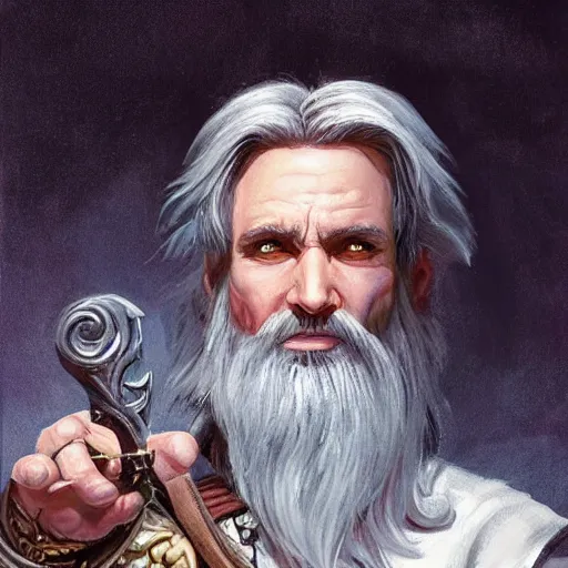 Image similar to beautiful portrait painting of a very short and small male halfing bard with white hair, full beard, from pathfinder, evil smirk, narcissist, self centered, casting fireball, painted by larry elmore, wayne reynolds, greg rutkowski, magic the gathering, dungeons and dragons, dishonored 2