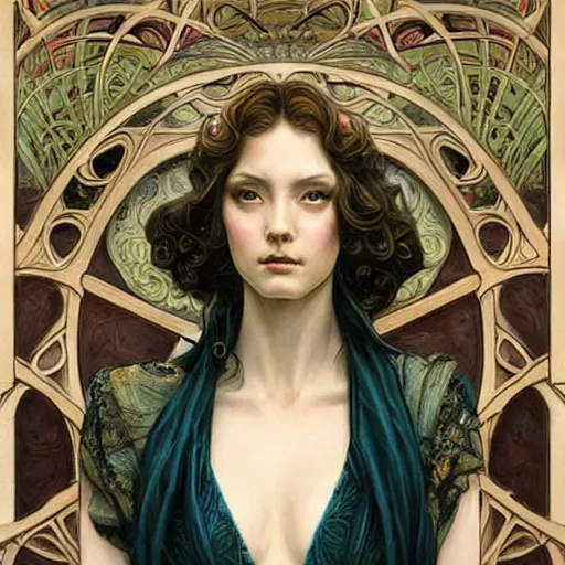 Image similar to an art nouveau painting in the style of donato giancola, and in the style of charlie bowater, and in the style of lulu chen. symmetry, smooth, sharp focus, semi - realism, intricate detail.