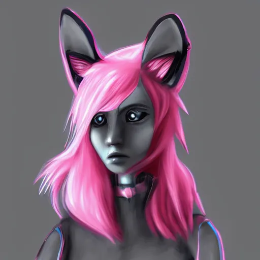 Image similar to digital art artstation, pixiv, portrait of a robotic fox with cybernetic body with pink hair, character fursona furry, furaffinity