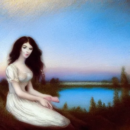 Prompt: a beautiful girl with a beautiful face wearing white dress, a dog, john martin landscape, lake evening, pastel pink and blue colors