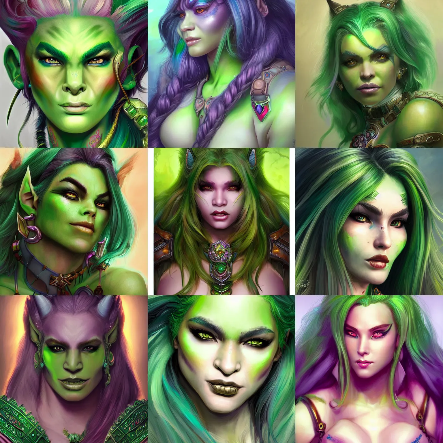 Prompt: beautiful glamorous greenskin orc girl with multicolored - rainbow hair character world of warcraft portrait, concept art, intricate details, highly detailed photorealistic portrait in the style of adam hughes, seseon yoon, artgerm and warren louw