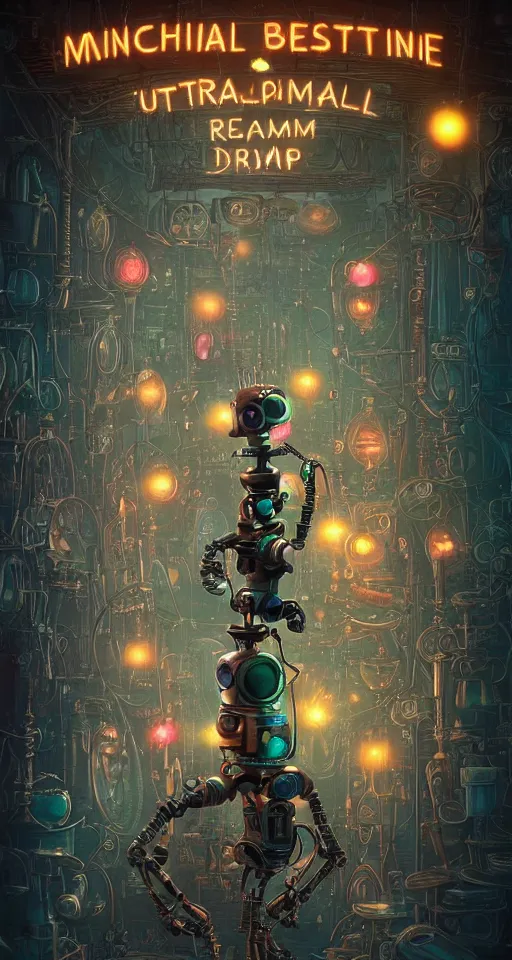 Prompt: a beautiful tapestry of a dream, a small robot standing, ultra detailed, dark, steampunk, moody, candles, neon signs, characters from machinarium, by don bluth, trending on artstation, octane render