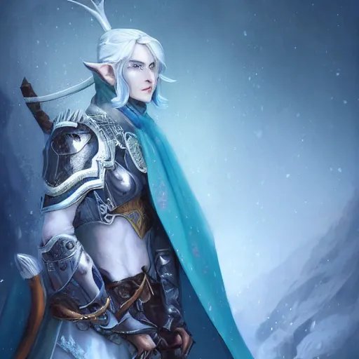 Image similar to half length portrait of a handsome male snow elf in a turquoise cape and silver ornate armour as an archer, albino skin, winter vibes, perfect face, elegant, very coherent symmetrical artwork, atmospheric lighting, rule of thirds, by wenjun lin, krenz cushart, charlie bowater, trending on artstation