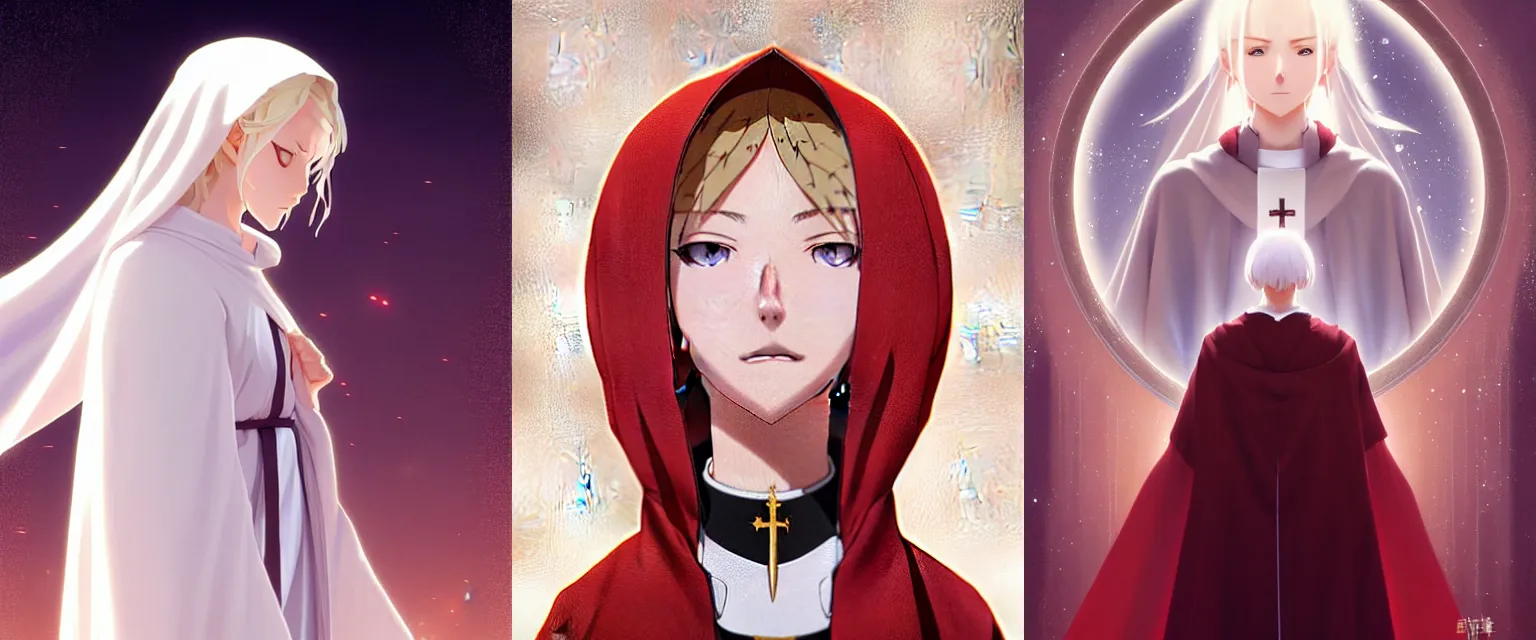 Prompt: young female nun with incredibly extensive neck, blonde hair, white and gold priestess robes, detailed perfect face, exquisite details, ice magic, mid view, design on a dark crimson background, by studio muti, greg rutkowski makoto shinkai takashi takeuchi studio ghibli