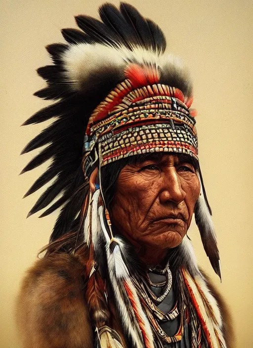 Prompt: native american grand chief, highly detailed, portrait, digital painting, trending on artstation, concept art, sharp focus, illustration, by edward s. curtis, by ben evrard, by ian spriggs