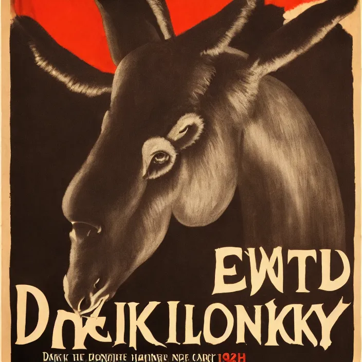 Image similar to 1 9 2 0 s horror movie poster of an evil donkey, dark atmosphere, minimalist, sharp focus, smooth, dramatic lighting, 8 k