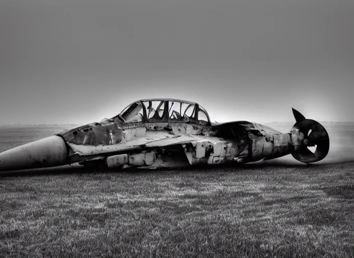 Image similar to black and white photograph of a crashed abandoned fighter jet in kansascity, rainy and foggy, soft focus