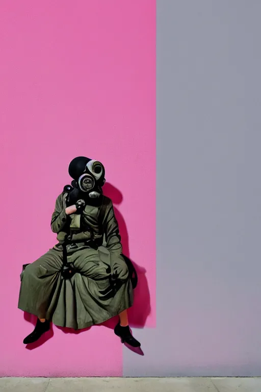 Image similar to a surreal portrait of intertwined and contorted figures wearing gas mask next to a pink wall in the style of brooke didonato, editorial fashion photography from vogue magazine, full shot, nikon d 8 1 0, ƒ / 2. 5, focal length : 8 5. 0 mm, exposure time : 1 / 8 0 0, iso : 2 0 0