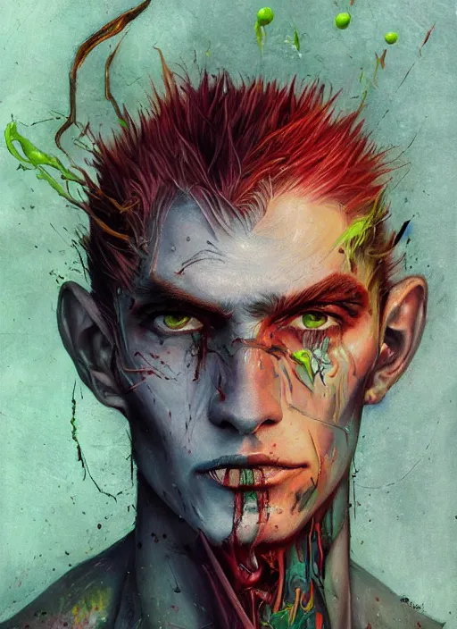 Image similar to a Demon Slayer portrait of Johnny Silverhand, tall, pale-skinned, slender with lime green eyes and long eyelashes by Stanley Artgerm, Tom Bagshaw, Arthur Adams, Carne Griffiths, trending on Deviant Art, street art, face enhance, chillwave, maximalist, full of color, glittering