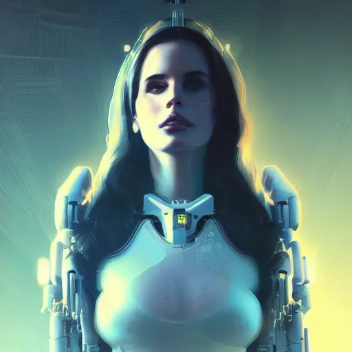 Image similar to portrait of lana del rey as a cyborg. intricate abstract. intricate artwork cyberpunk by tooth wu, wlop, beeple, dan mumford. octane render, trending on artstation, greg rutkowski ruan jia, cinematic, hyper realism, unreal 4, high detail, octane render, 8 k, key art, iridescent accents