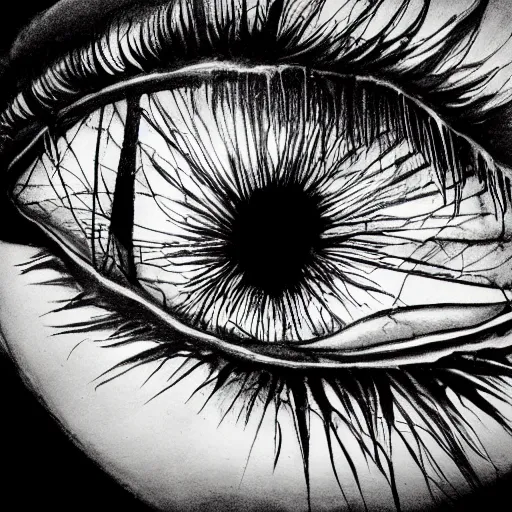 Image similar to highly detailed ink sketch of a human eye that is shattered like a mirror heavy black high contrast anatomical detail black and white