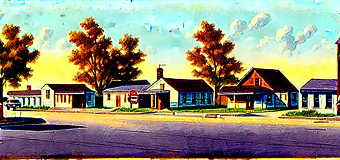 Image similar to concept art of a small rural town in middle America in the 1960s, detailed, Americana, golden hour