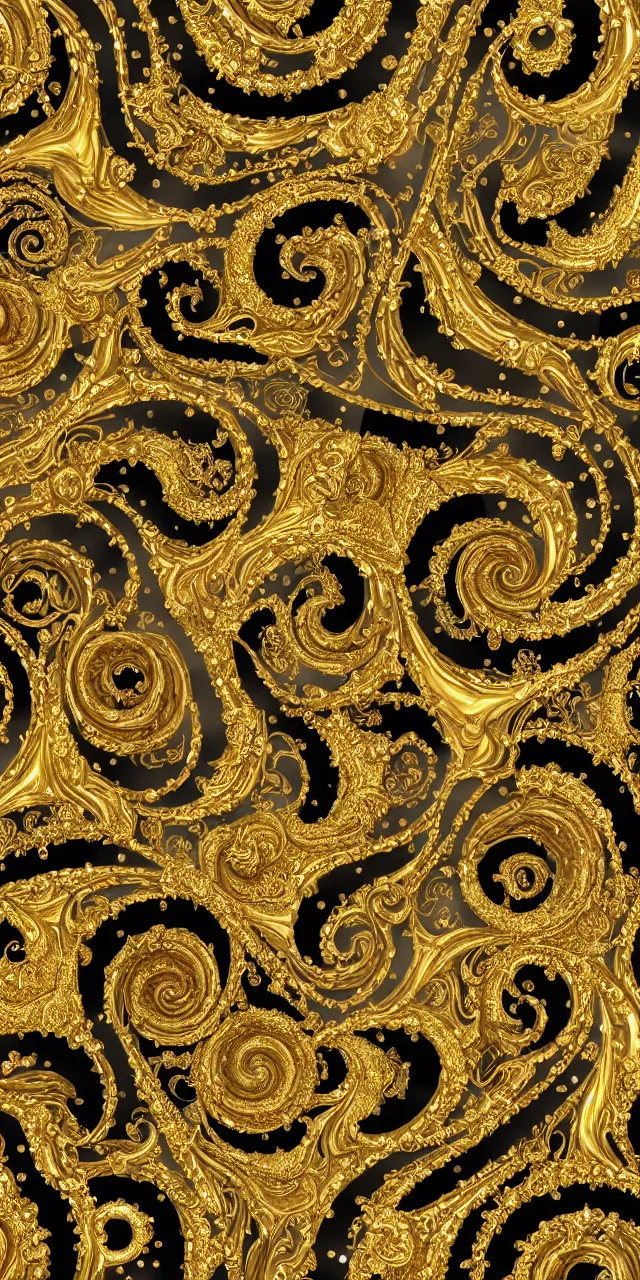 Prompt: subsurface scattering, seamless 3 d baroque gold and black pattern, beautiful dynamic shadows, gold silver iridescent pearls and swarovski crystals, symmetrical, rococo elements, damask pattern, swirls and spirals, dolce and gabanna, michelangelo, iris van herpen artstation, versace pattern, concept design art, octane render, 8 k