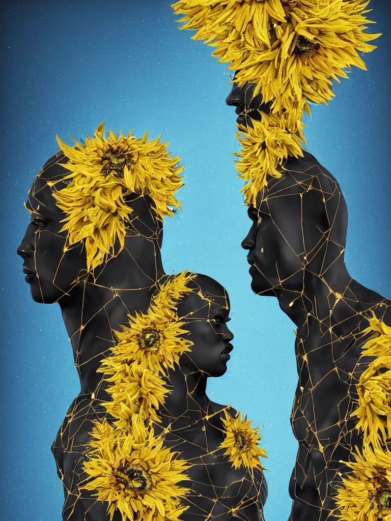 Prompt: symmetrical fractured dark obsidian greek statue of a beautiful tribal couple, yellow gemstones spikes, crystallic sunflowers, lightblue acrylic paintdrip tar, mangeta glow, repaired with kintsugi, glitch art, rendered in octane trending on cgsociety. extremely detailed and intricate art, corruption, sleek