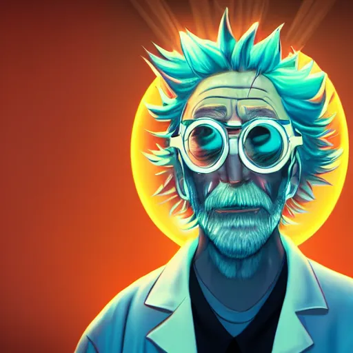 Image similar to portrait art illustration of old rick sanchez, lab coat and tee shirt, lens flare, atmosphere, glow, detailed, intricate, full of colour, cinematic lighting, 4 k, hyperrealistic, focused, extreme details, cinematic, masterpiece